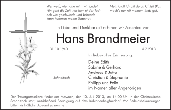 Traueranzeige von Hans Brandmeier von Pegnitz-Zeitung